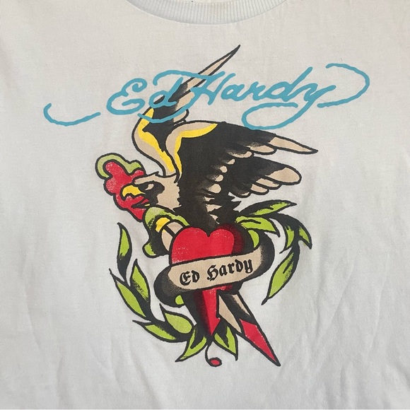 Ed Hardy Light Blue Cropped Baby Tee Tattoo Graphic Top - Picture 4 of 6